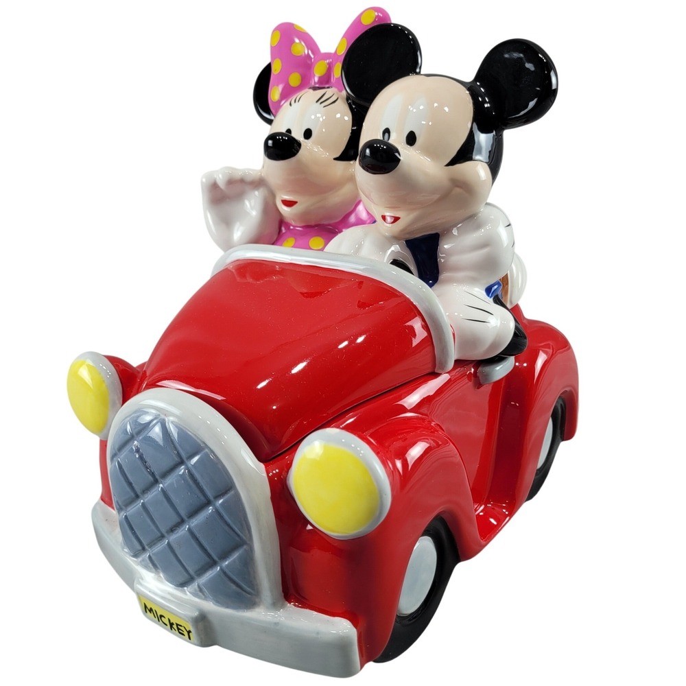 Disney Cookie Jar Mickey Minnie Mouse Red Convertible Car Ceramic Canister Vtg